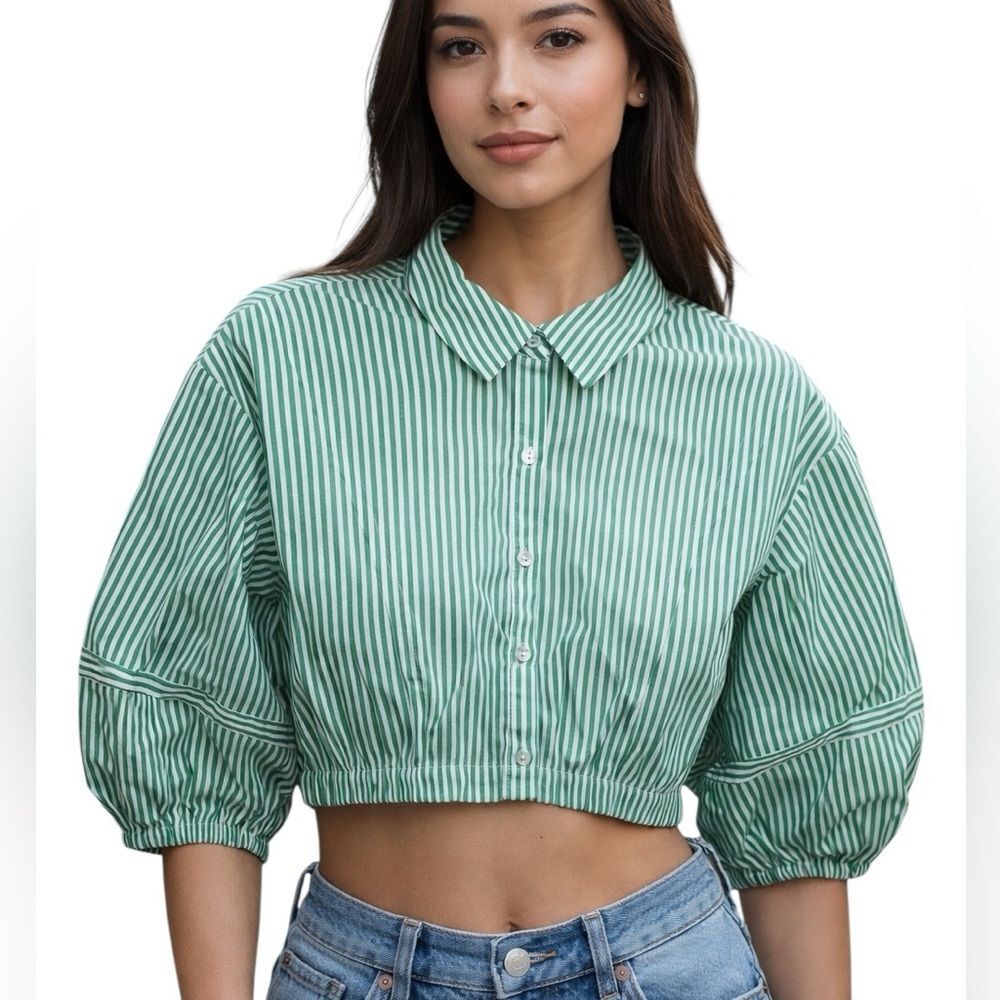 MARC NEW YORK Women’s Green White Striped Crop Button Down Top
